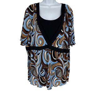 Maggie Barnes Womens Abstract Print Pleated Blouse With Black Layered Look Sz 2X
